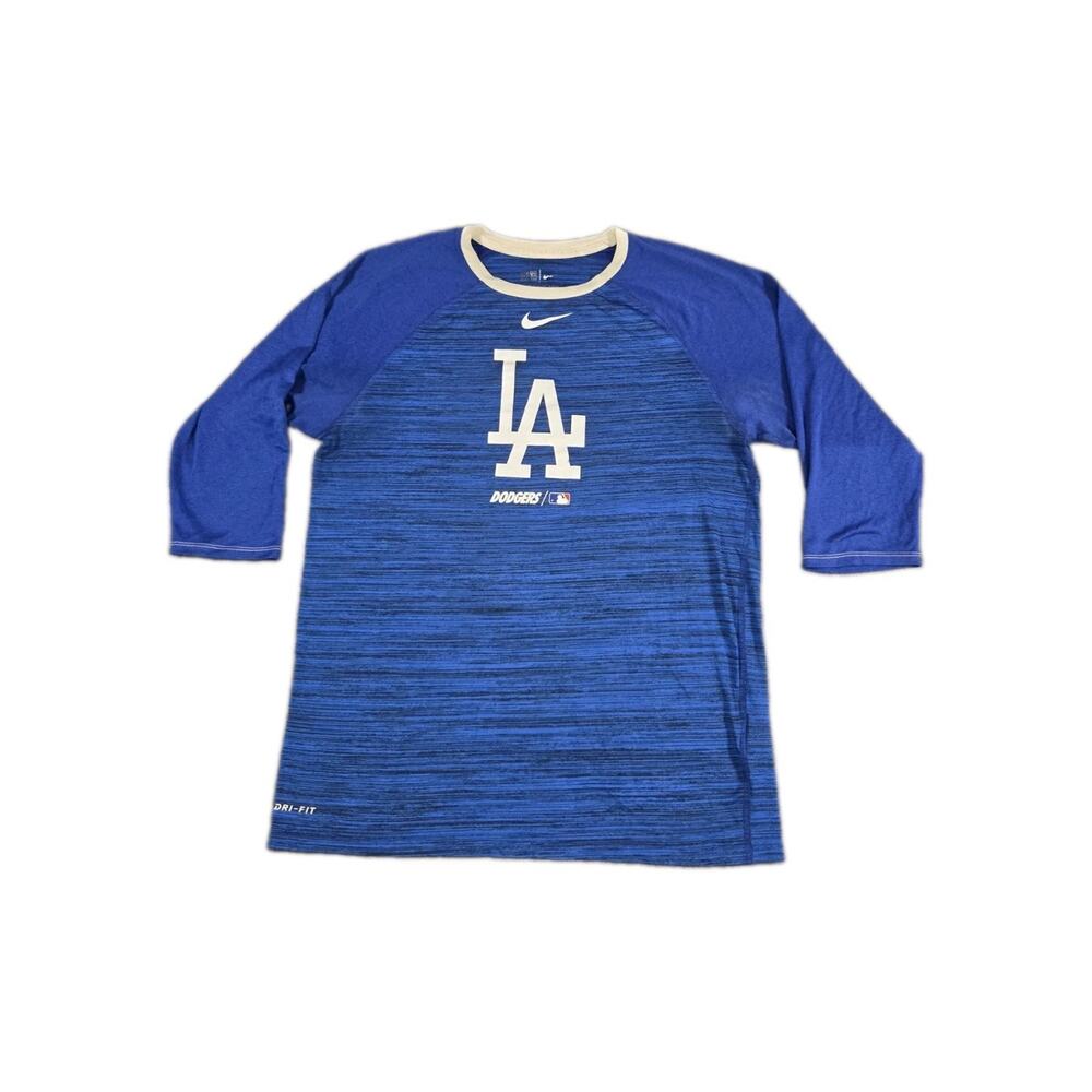 Nike Tee LA Dodgers Dri Fit Mens Sz M Baseball MLB Shirt 3/4 Sleeve Blue C14